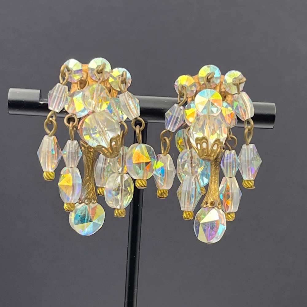 Vintage AB crystal waterfall clip on earrings, 1.4 inches. Copper colored metal